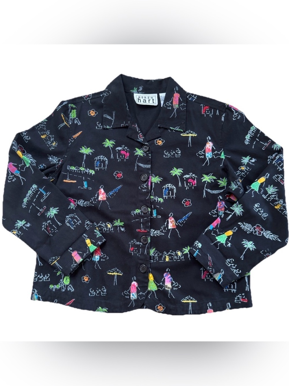 Vintage 90s Y2K Keren Hart Women Colorful People Button Up Jacket XL Embroidered